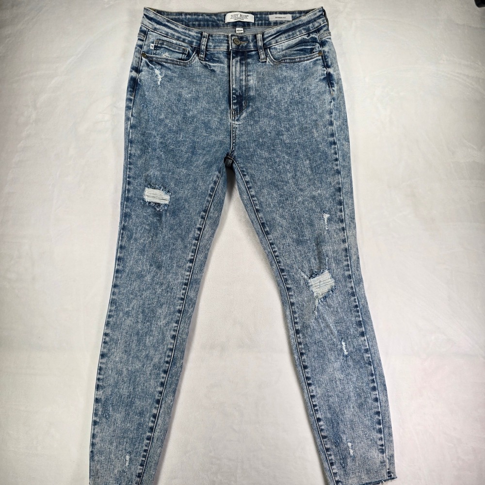 Judy Blue Skinny Fit Distressed Acid Wash Jeans Women 11/30 Light Blue Raw Hem